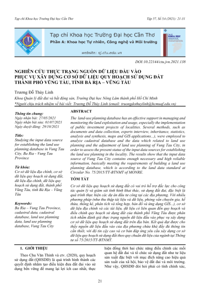 Nghiên cứu thực trạng nguồn dữ liệu đầu vào phục vụ xây dựng cơ sở dữ liệu quy hoạch sử dụng đất thành phố Vũng Tàu, tỉnh Bà Rịa – Vũng Tàu