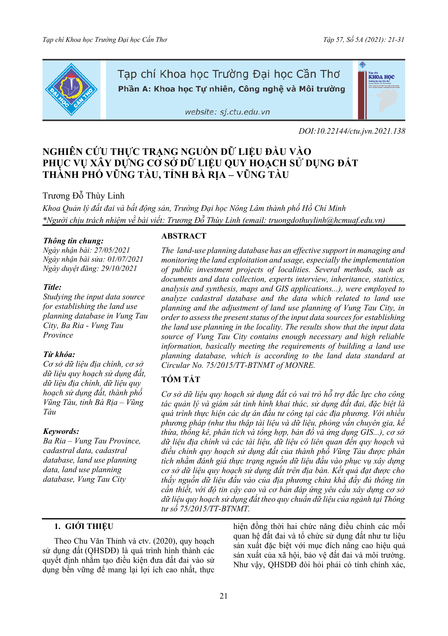 Nghiên cứu thực trạng nguồn dữ liệu đầu vào phục vụ xây dựng cơ sở dữ liệu quy hoạch sử dụng đất thành phố Vũng Tàu, tỉnh Bà Rịa – Vũng Tàu