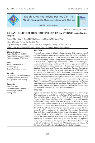 Đa dạng hình thái theo giới tính của cá ba kỳ đỏ (Cyclocheilichthys apogon)