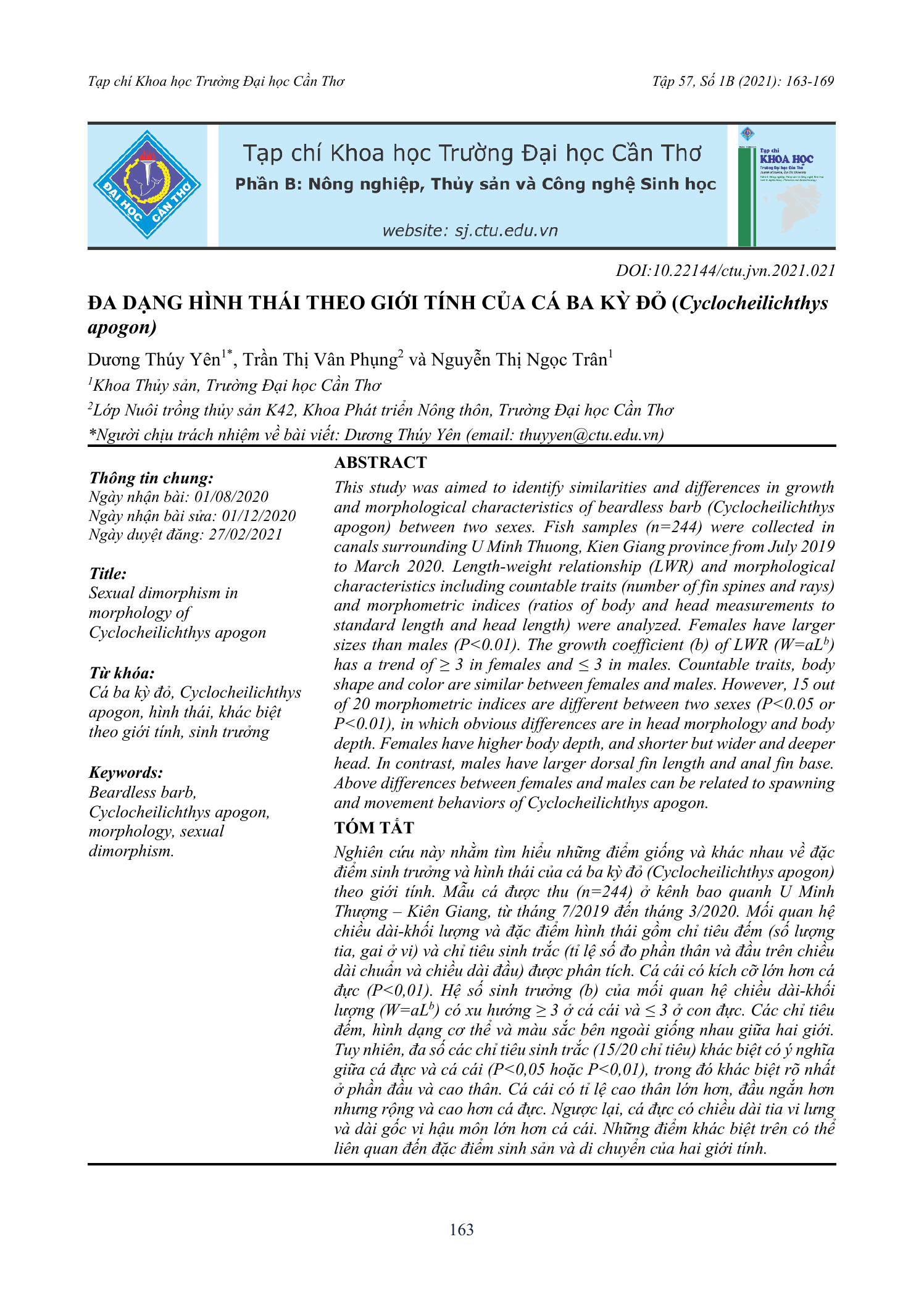 Đa dạng hình thái theo giới tính của cá ba kỳ đỏ (Cyclocheilichthys apogon)