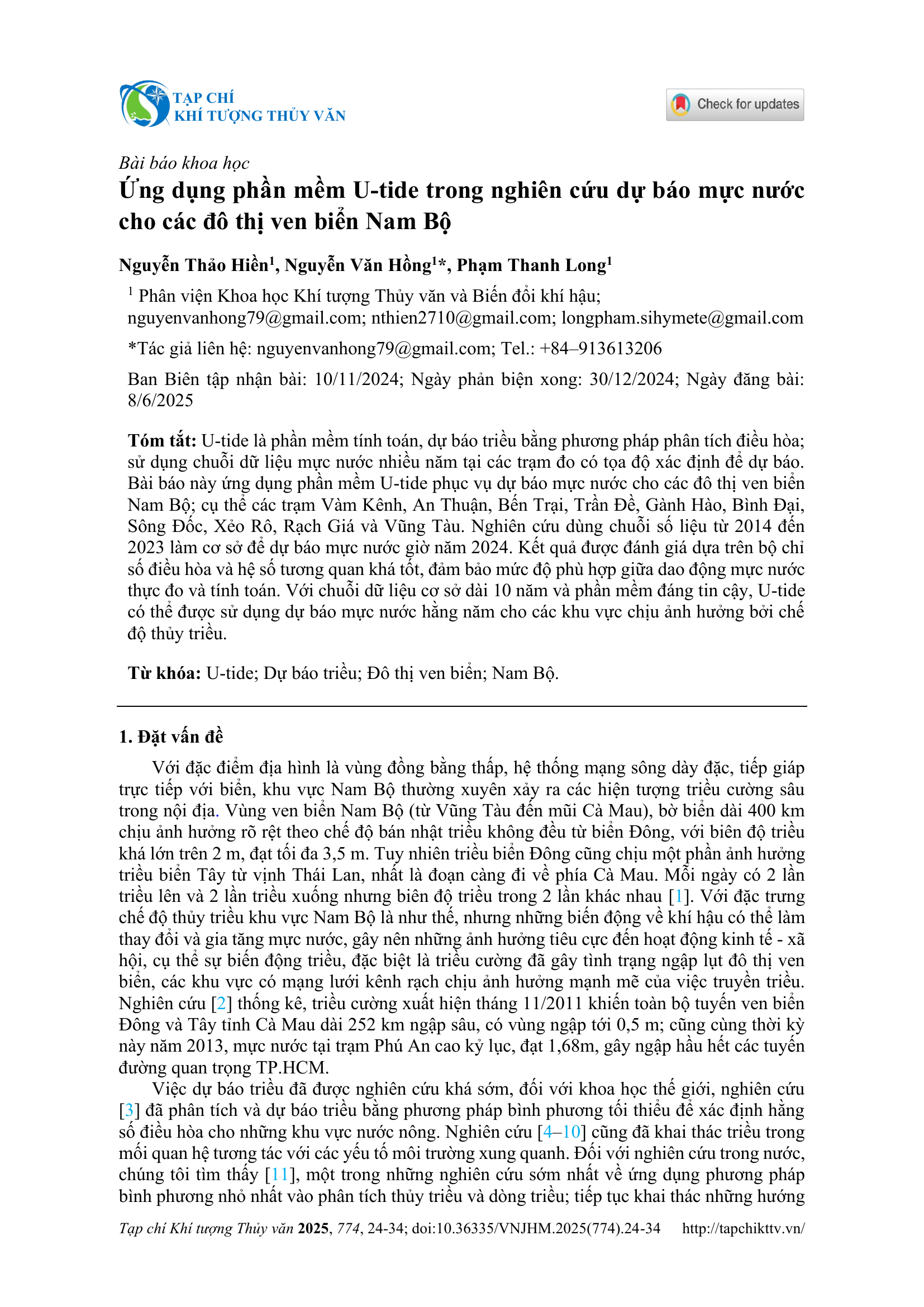 Ứng dụng phần mềm U-tide trong nghiên cứu dự báo mực nước cho các đô thị ven biển Nam Bộ