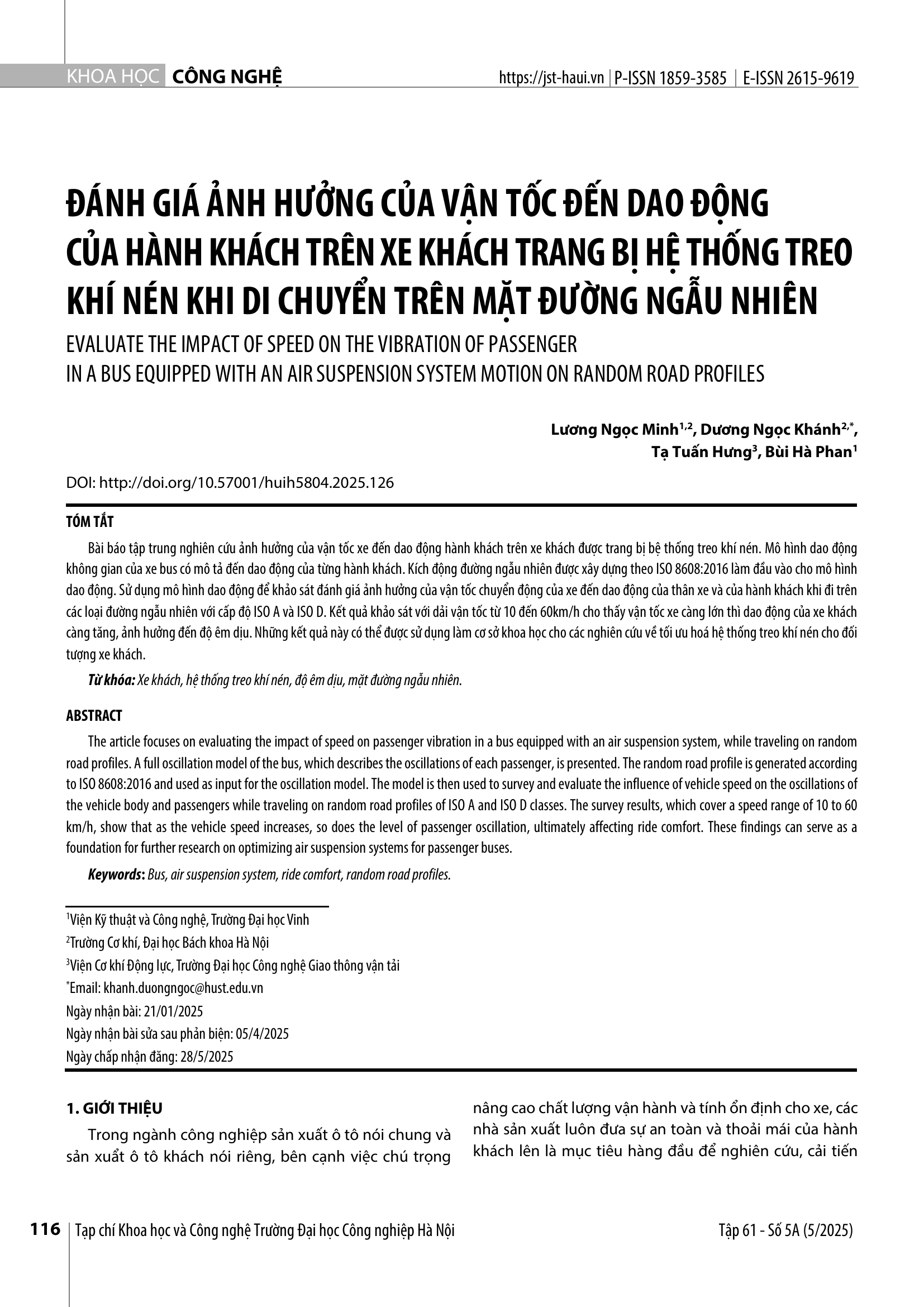 Đánh giá ảnh hưởng của vận tốc đến dao động của hành khách trên xe khách trang bị hệ thống treo khí nén khi di chuyển trên mặt đường ngẫu nhiên