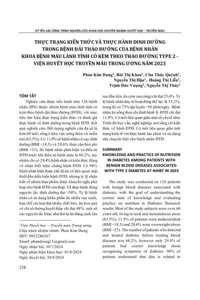 Thực trạng kiến thức và thực hành dinh dưỡng trong bệnh đái tháo đường của bệnh nhân khoa bệnh máu lành tính có kèm theo tháo đường type 2 - Viện Huyết học Truyền máu Trung ương năm 2023