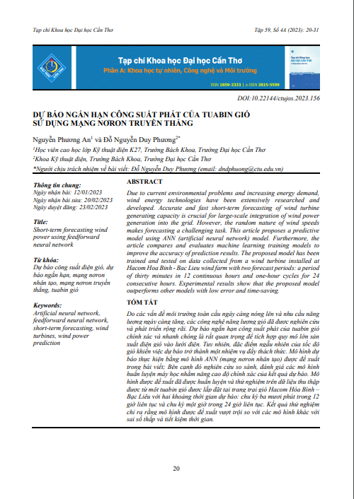 Dự báo ngắn hạn công suất phát của tuabin gió sử dụng mạng nơron truyền thẳng