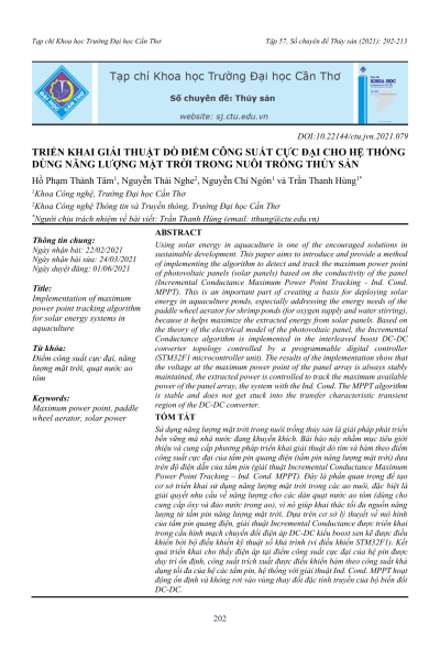 Triển khai giải thuật dò điểm công suất cực đại cho hệ thống dùng năng lượng mặt trời trong nuôi trồng thủy sản