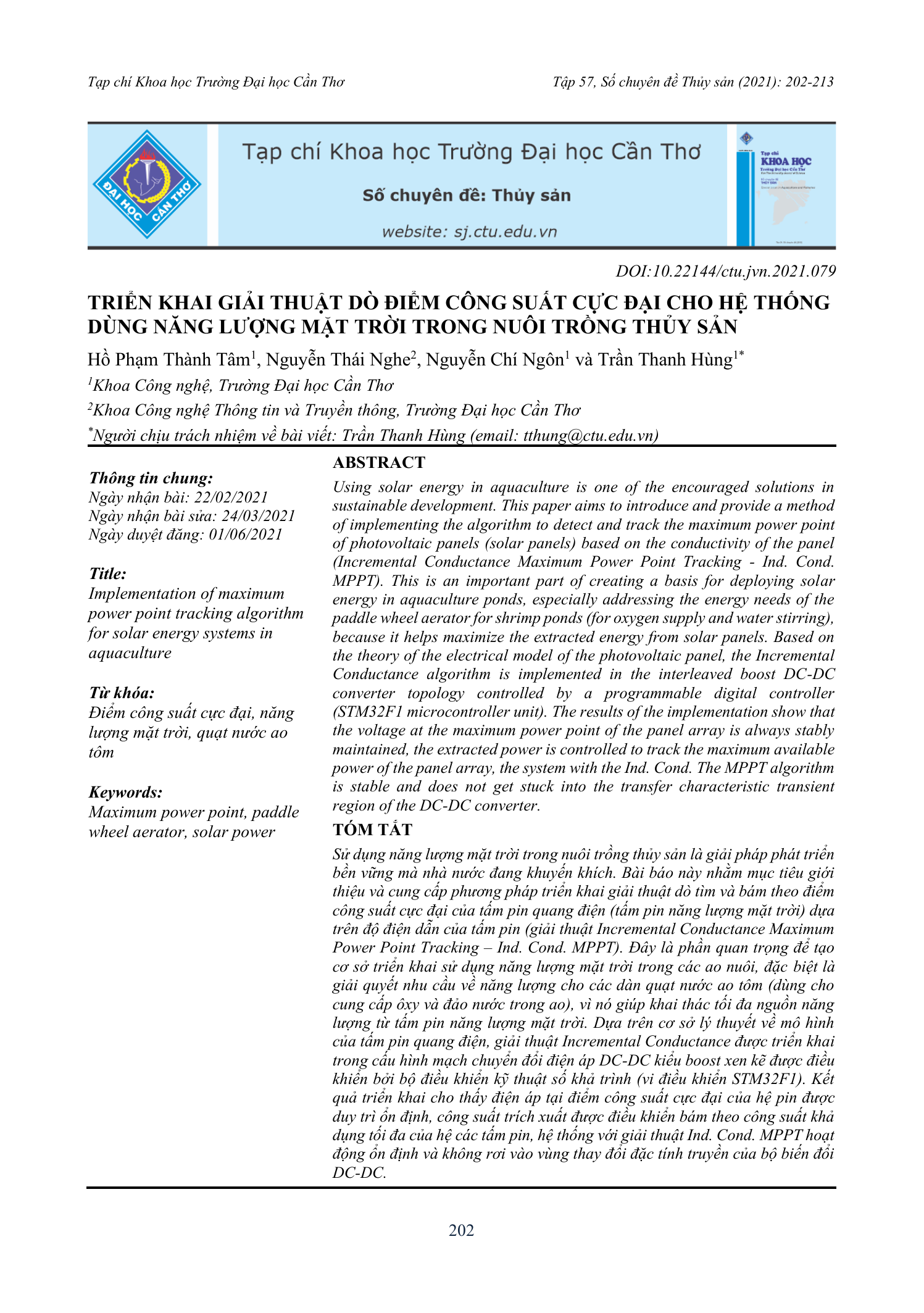Triển khai giải thuật dò điểm công suất cực đại cho hệ thống dùng năng lượng mặt trời trong nuôi trồng thủy sản