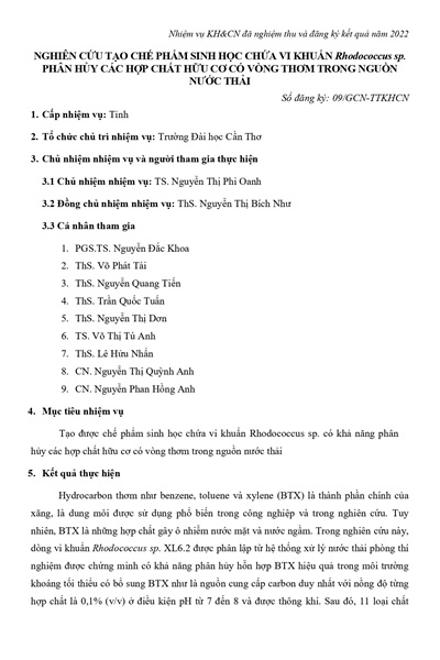 Nghiên cứu tạo chế phẩm sinh học chứa vi khuẩn Rhodococcus sp. phân hủy các hợp chất hữu cơ có vòng thơm trong nguồn nước thải (2022)
