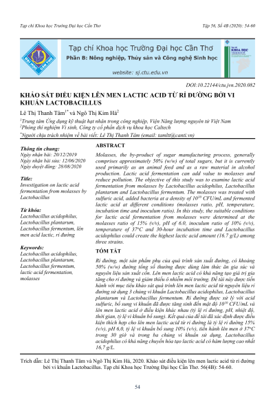 Khảo sát điều kiện lên men lactic acid từ rỉ đường bởi vi khuẩn Lactobacillus
