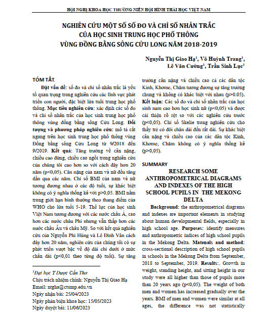 Nghiên cứu một số số đo và chỉ số nhân trắc của học sinh trung học phổ thông vùng ĐBSCL năm 2018-2019