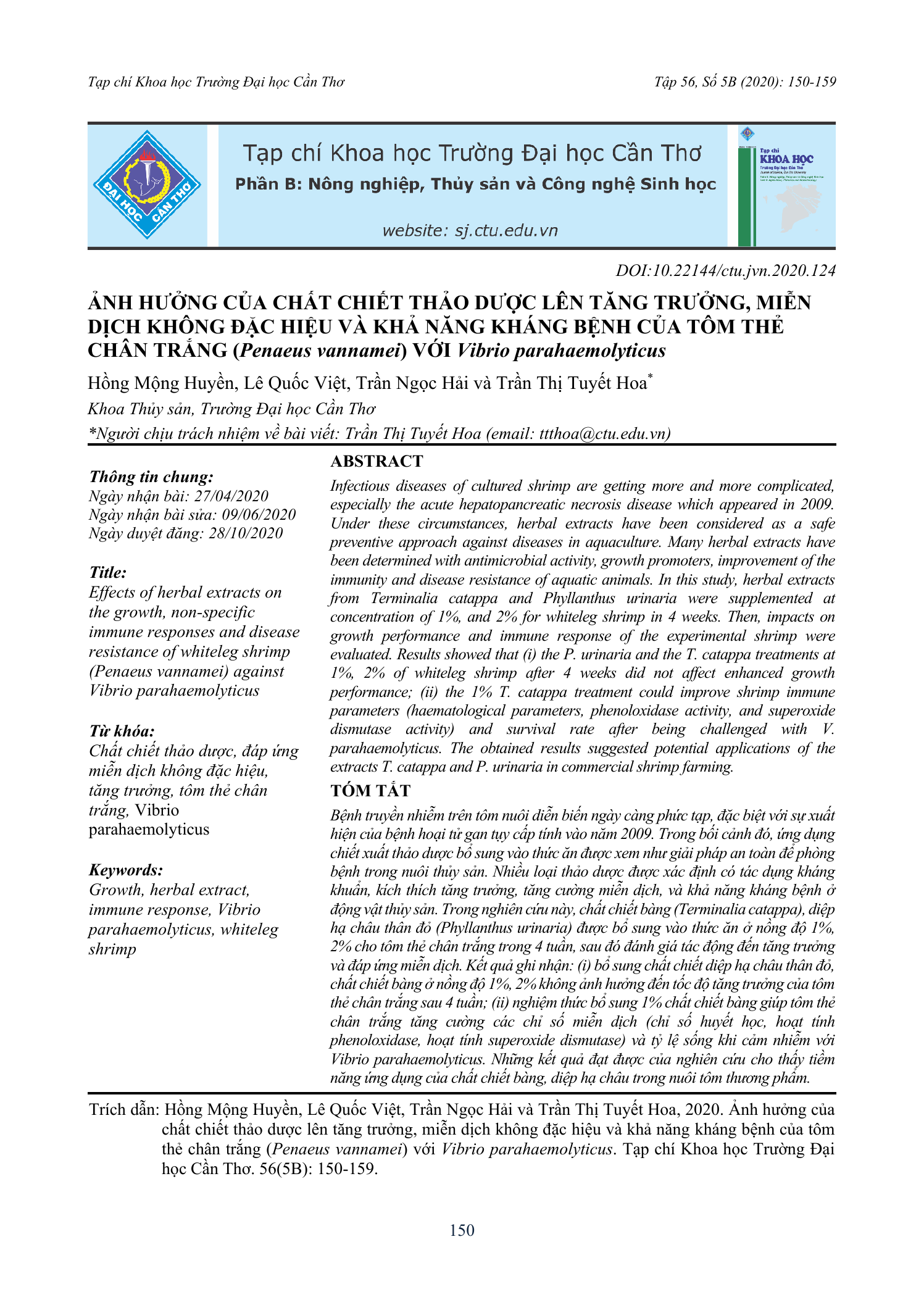Ảnh hưởng của chất chiết thảo dược lên tăng trưởng, miễn dịch không đặc hiệu và khả năng kháng bệnh của tôm thẻ chân trắng (Penaeus vannamei) với Vibrio parahaemolyticus