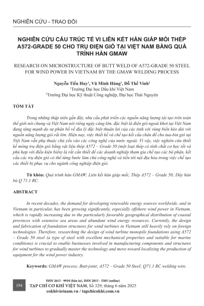 Nghiên cứu cấu trúc tế vi liên kết hàn giáp mối thép A572-Grade 50 cho trụ điện gió tại Việt Nam bằng quá trình hàn GMAW