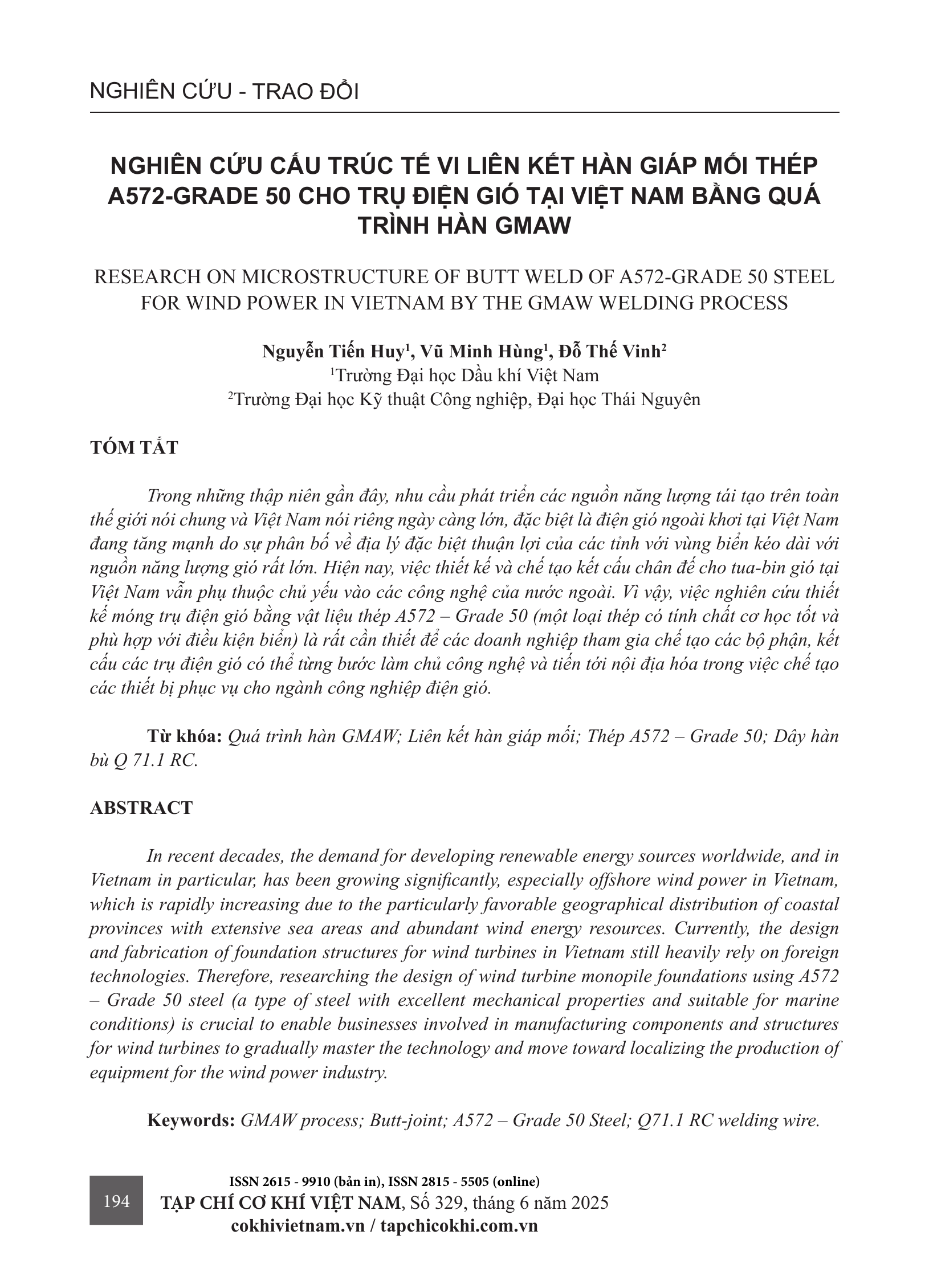 Nghiên cứu cấu trúc tế vi liên kết hàn giáp mối thép A572-Grade 50 cho trụ điện gió tại Việt Nam bằng quá trình hàn GMAW