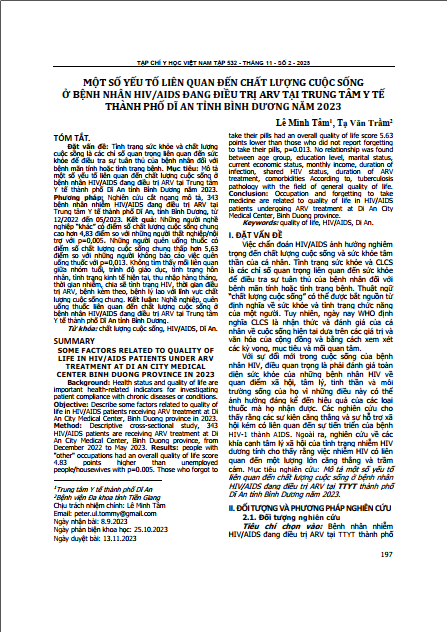Một số yếu tố liên quan đến chất lượng cuộc sống ở bệnh nhân hiv/aids đang điều trị arv tại trung tâm y tế thành phố Dĩ An tỉnh Bình Dương năm 2023