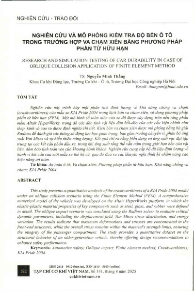 Nghiên cứu và mô phỏng kiểm tra độ bền ô tô trong trường hợp va chạm xiên bằng phương pháp phần tử hữu hạn