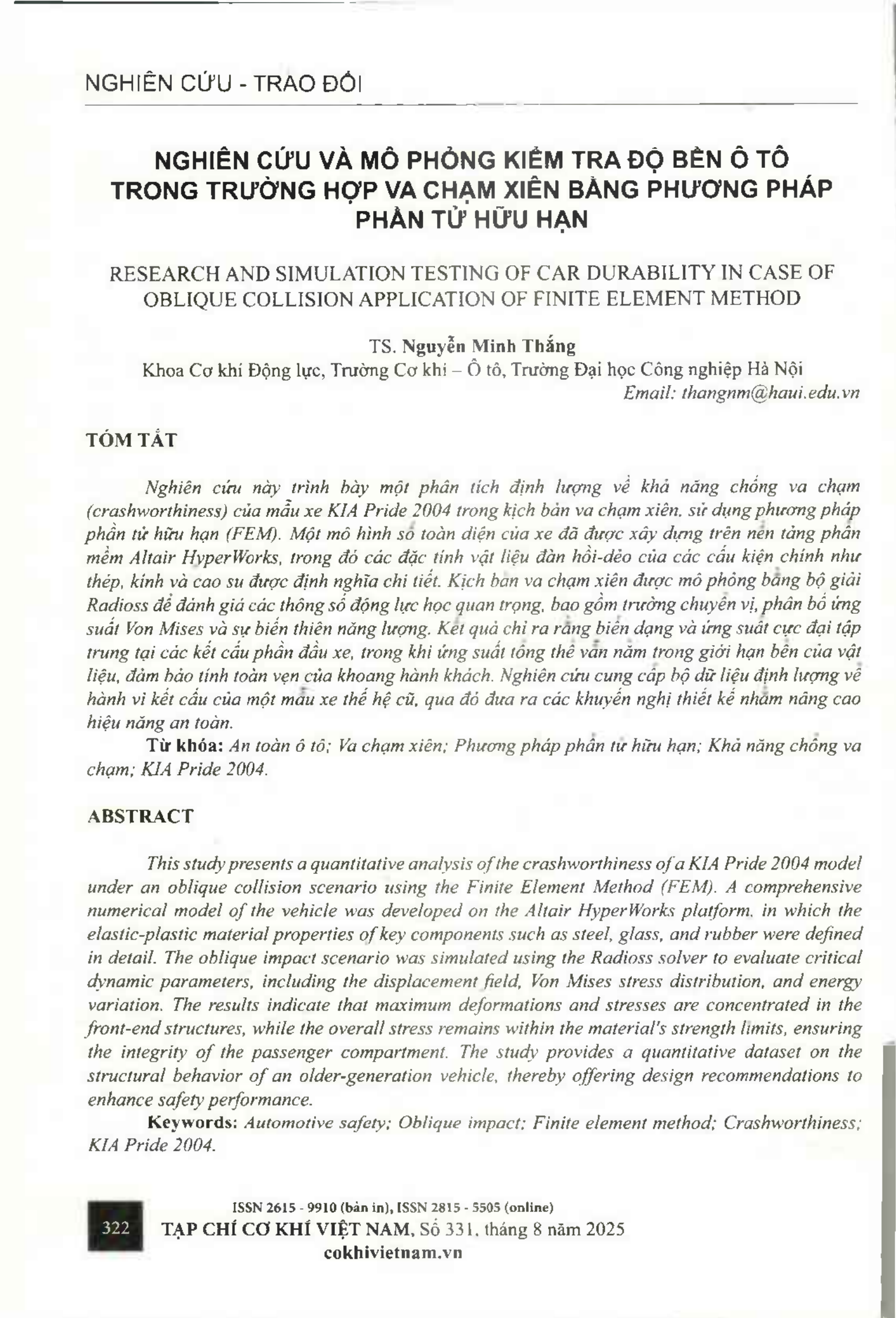 Nghiên cứu và mô phỏng kiểm tra độ bền ô tô trong trường hợp va chạm xiên bằng phương pháp phần tử hữu hạn