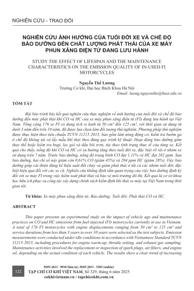 Nghiên cứu ảnh hưởng của tuổi đời xe và chế độ bảo dưỡng đến chất lượng phát thải của xe máy phun xăng điện tử đang lưu hành