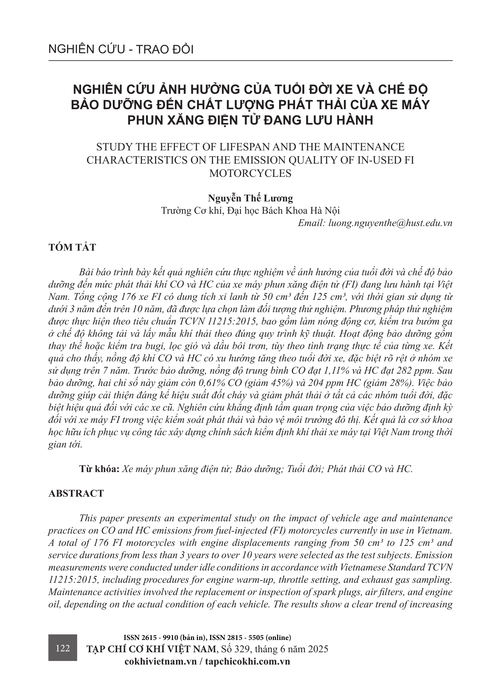 Nghiên cứu ảnh hưởng của tuổi đời xe và chế độ bảo dưỡng đến chất lượng phát thải của xe máy phun xăng điện tử đang lưu hành