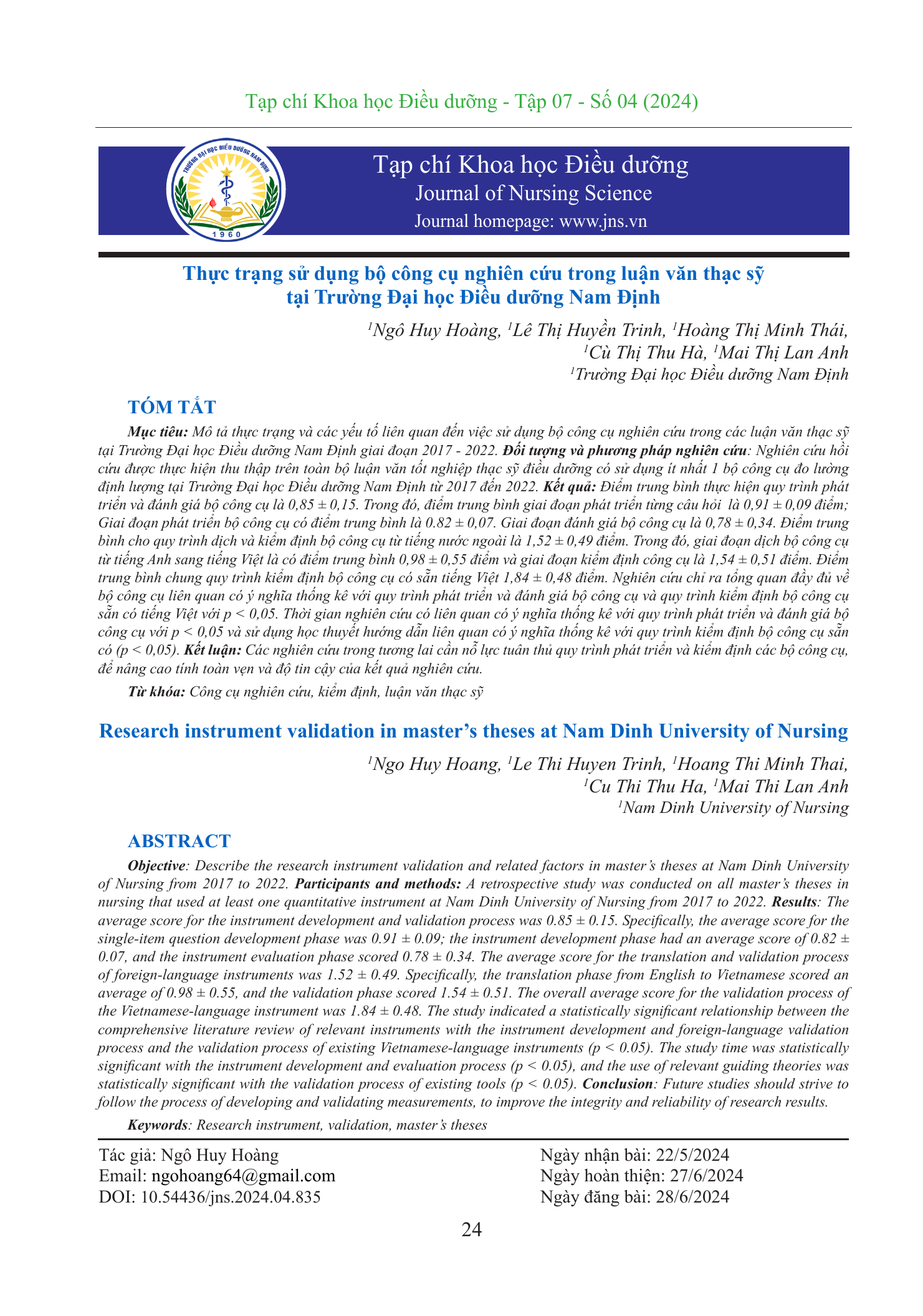 Thực trạng sử dụng bộ công cụ nghiên cứu trong luận văn thạc sỹ tại Trường Đại học Điều dưỡng Nam Định