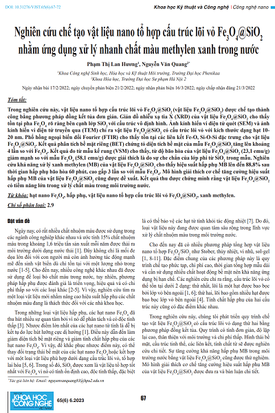 Nghiên cứu chế tạo vật liệu nano tổ hợp cấu trúc lõi vỏ Fe3 O4 @SiO2 nhằm ứng dụng xử lý nhanh chất màu methylen xanh trong nước
