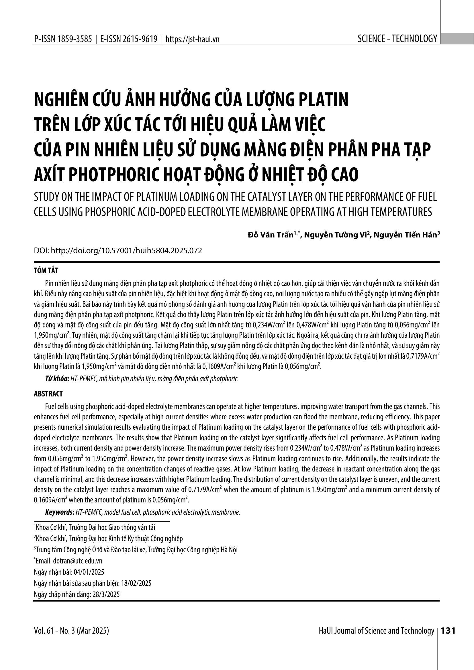Nghiên cứu ảnh hưởng của lượng platin trên lớp xúc tác tới hiệu quả làm việc của pin nhiên liệu sử dụng màng điện phân pha tạp axít photphoric hoạt động ở nhiệt độ cao