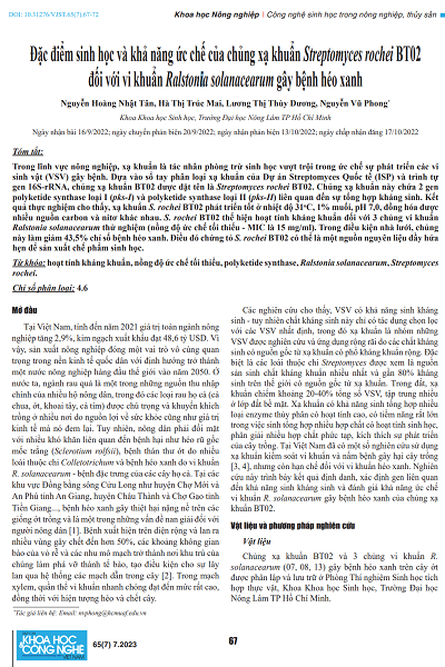 Đặc điểm sinh học và khả năng ức chế của chủng xạ khuẩn Streptomyces rochei BT02 đối với vi khuẩn Ralstonia solanacearum gây bệnh héo xanh