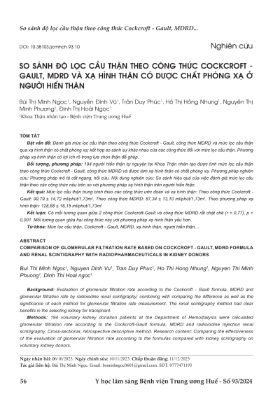 So sánh độ cầu thận theo công thức COCKCROFT - GAULT, MDRD và xạ hình thận có dược chất phóng xạ ở người hiến thận