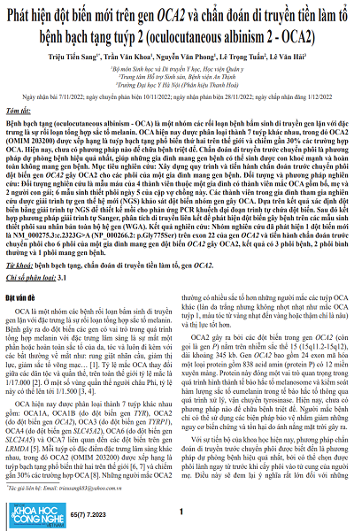Phát hiện đột biến mới trên gen OCA2 và chẩn đoán di truyền tiền làm tổ bệnh bạch tạng tuýp 2 (oculocutaneous albinism 2 - OCA2)
