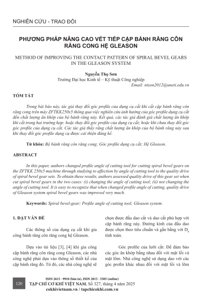 Phương pháp nâng cao vết tiếp cận bánh răng côn răng cong hệ Gleason