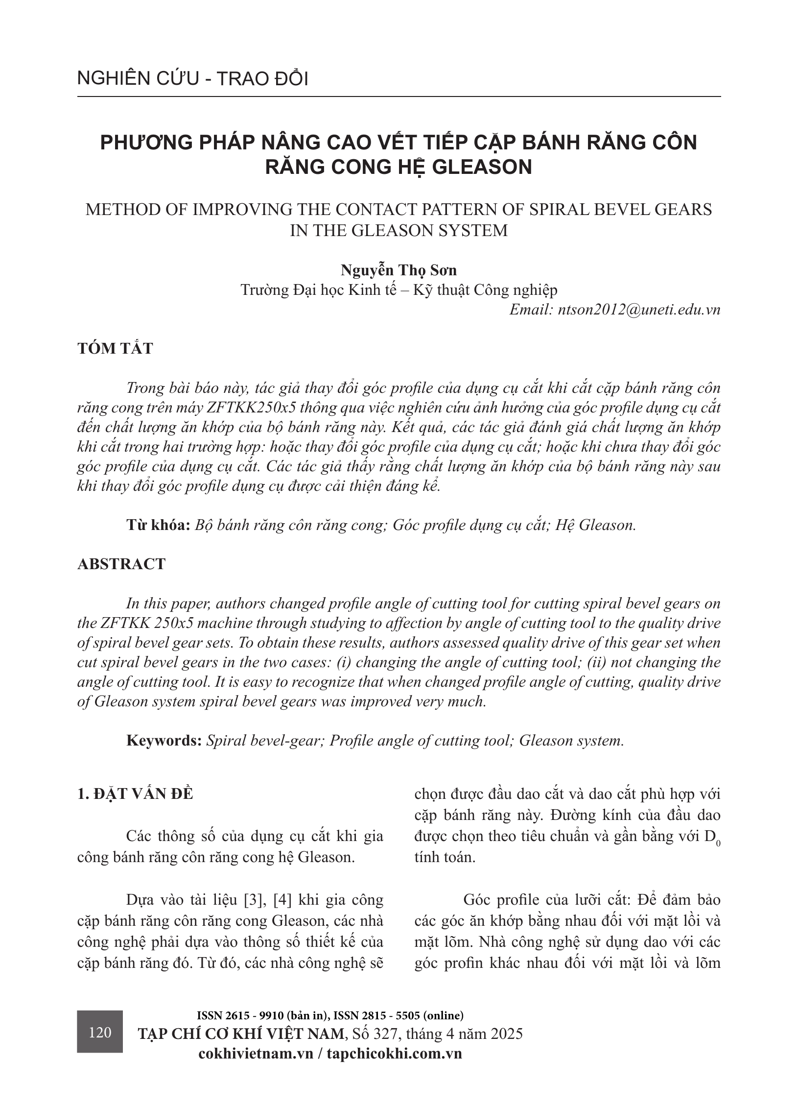 Phương pháp nâng cao vết tiếp cận bánh răng côn răng cong hệ Gleason