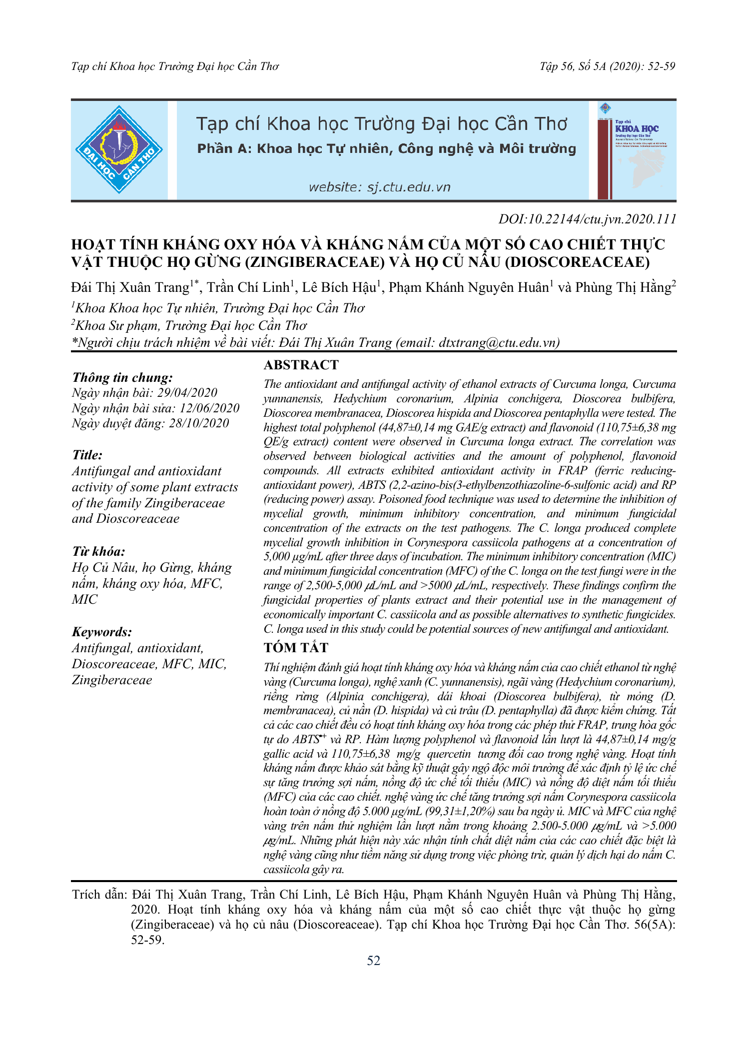 Hoạt tính kháng oxy hóa và kháng nấm của một số cao chiết thực vật thuộc họ Gừng (Zingiberaceae) và họ Củ nâu (Dioscoreaceae)