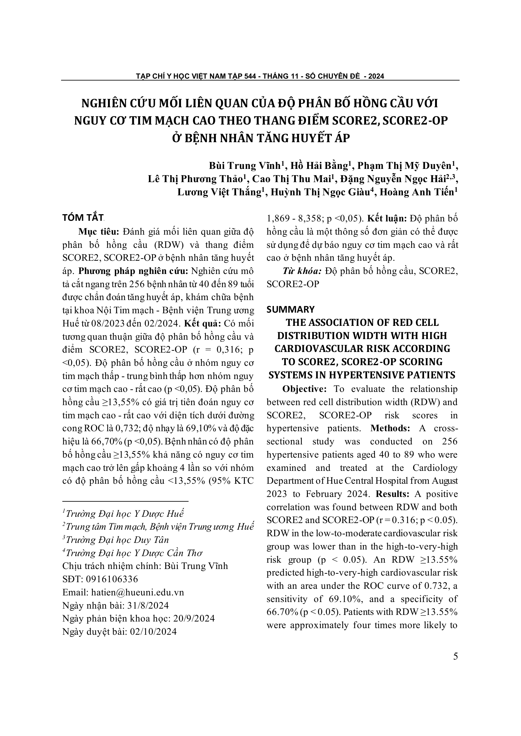 Nghiên cứu mối liên quan của độ phân bố hồng cầu với nguy cơ tim mạch cao theo thang điểm SCORE2, SCORE2-OP ở bệnh nhân tăng huyết áp the