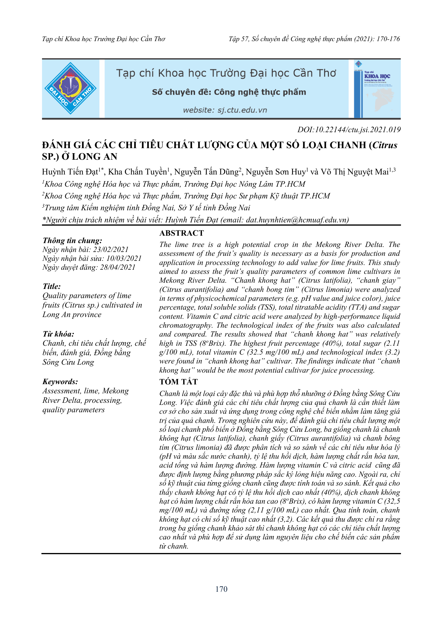 Đánh giá các chỉ tiêu chất lượng của một số loại chanh (Citrus sp.) ở Long An