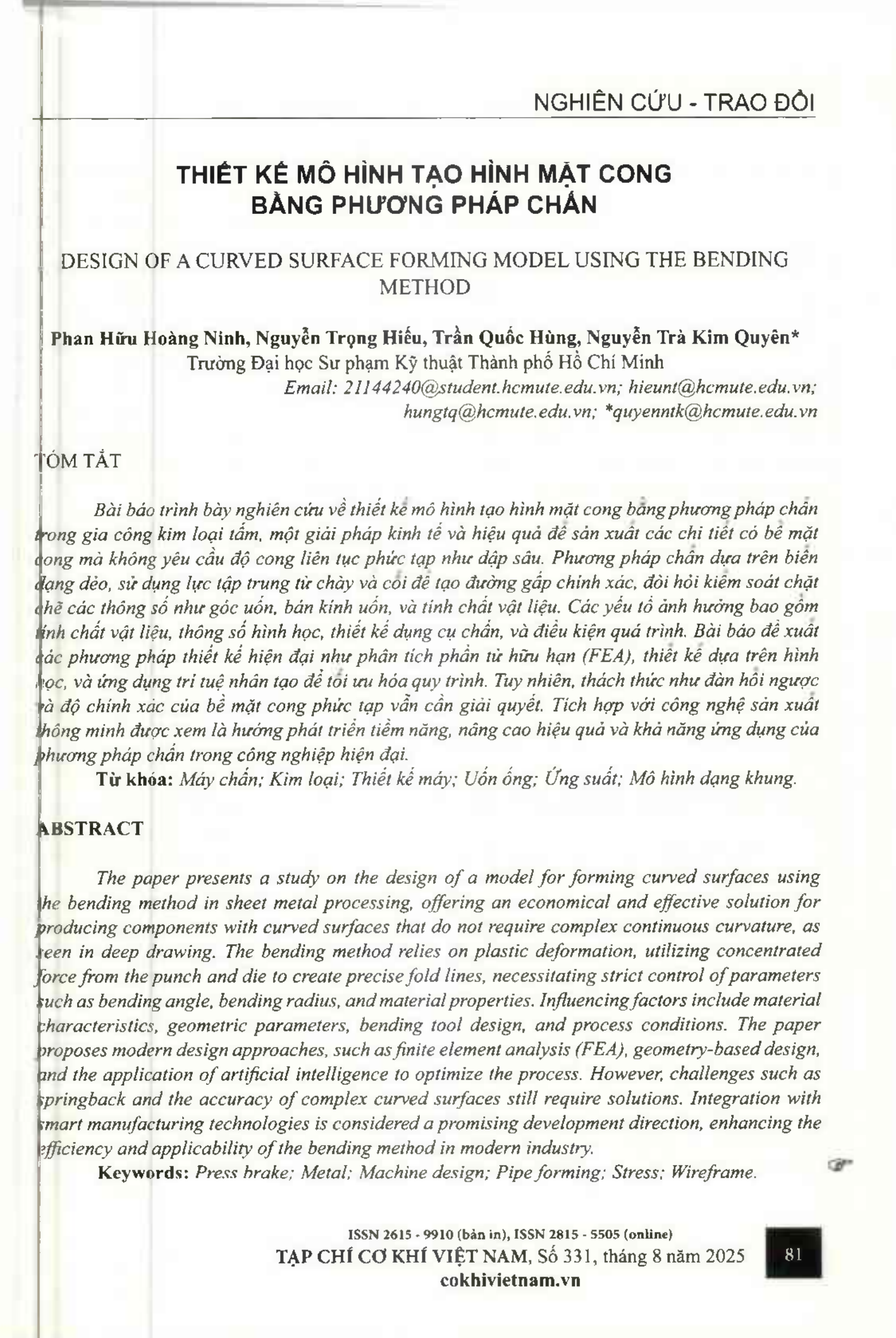 Thiết kế mô hình tạo hình mặt cong bằng phương pháp chấn