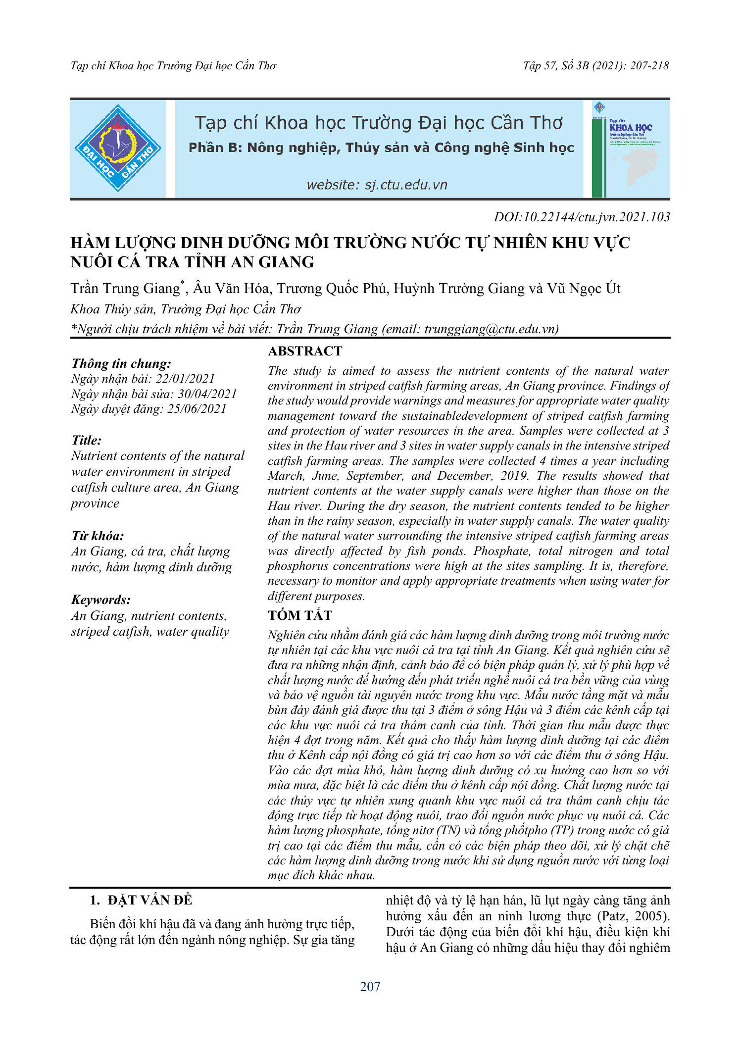 Hàm lượng dinh dưỡng môi trường nước tự nhiên khu vực nuôi cá tra tỉnh An Giang