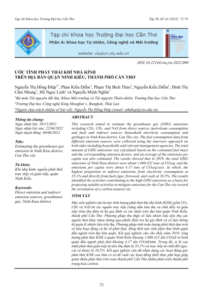 Ước tính phát thải khí nhà kính trên địa bàn quận Ninh Kiều, thành phố Cần Thơ
