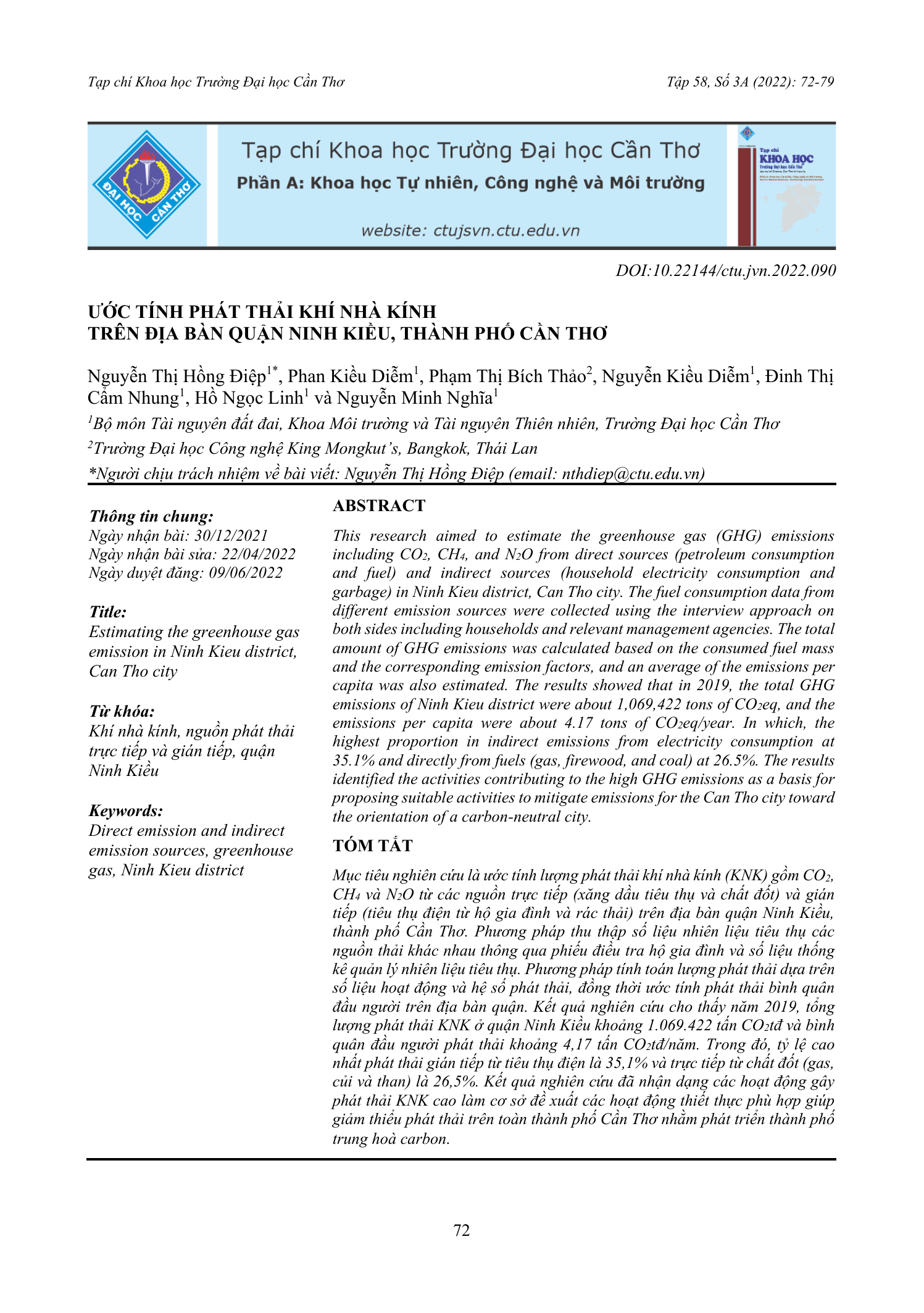 Ước tính phát thải khí nhà kính trên địa bàn quận Ninh Kiều, thành phố Cần Thơ