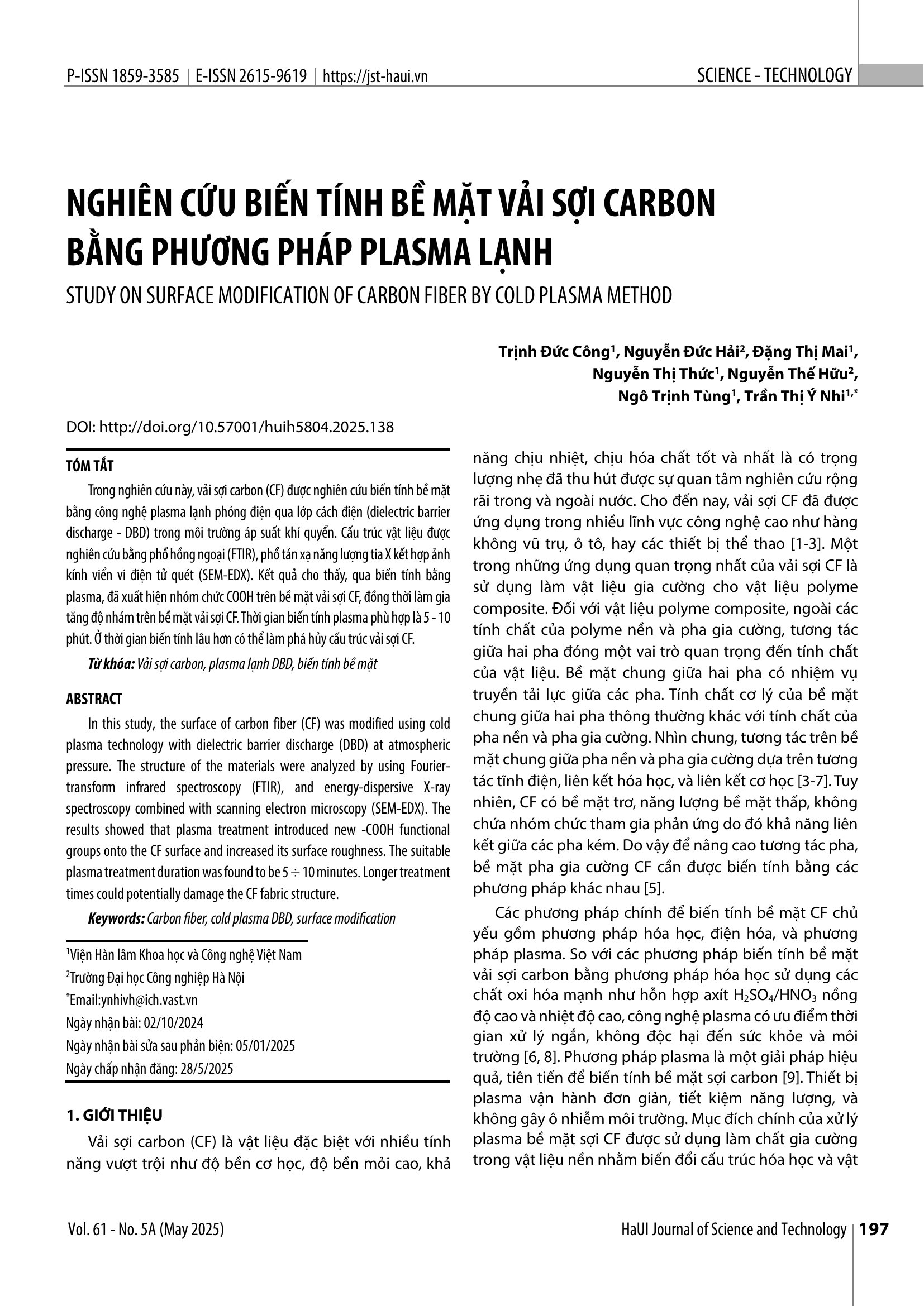 Nghiên cứu biến tính bề mặt vải sợi carbon bằng phương pháp plasma lạnh