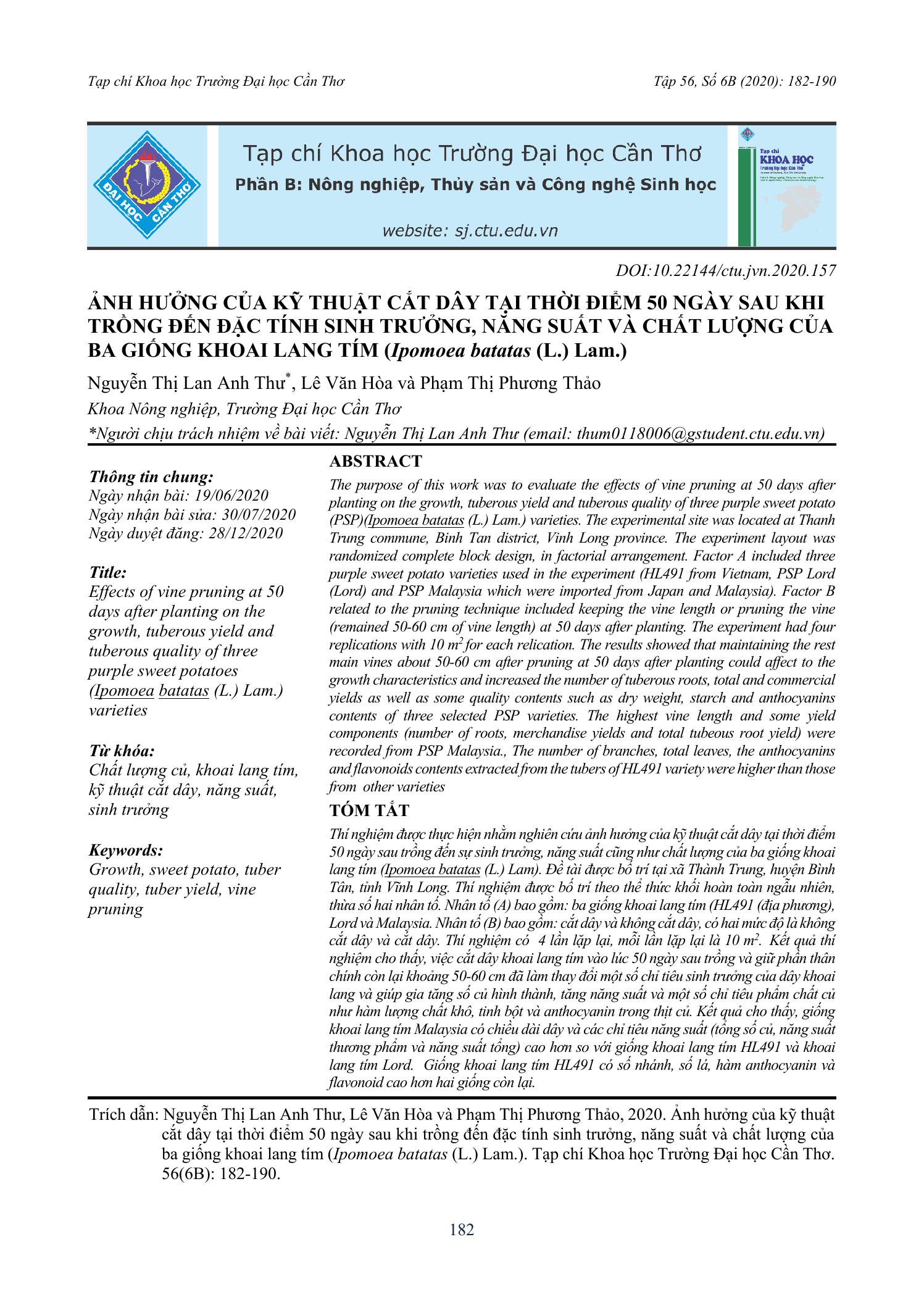 Ảnh hưởng của kỹ thuật cắt dây tại thời điểm 50 ngày sau khi trồng đến đặc tính sinh trưởng, năng suất và chất lượng của ba giống khoai lang tím (Ipomoea batatas (L.) Lam.)