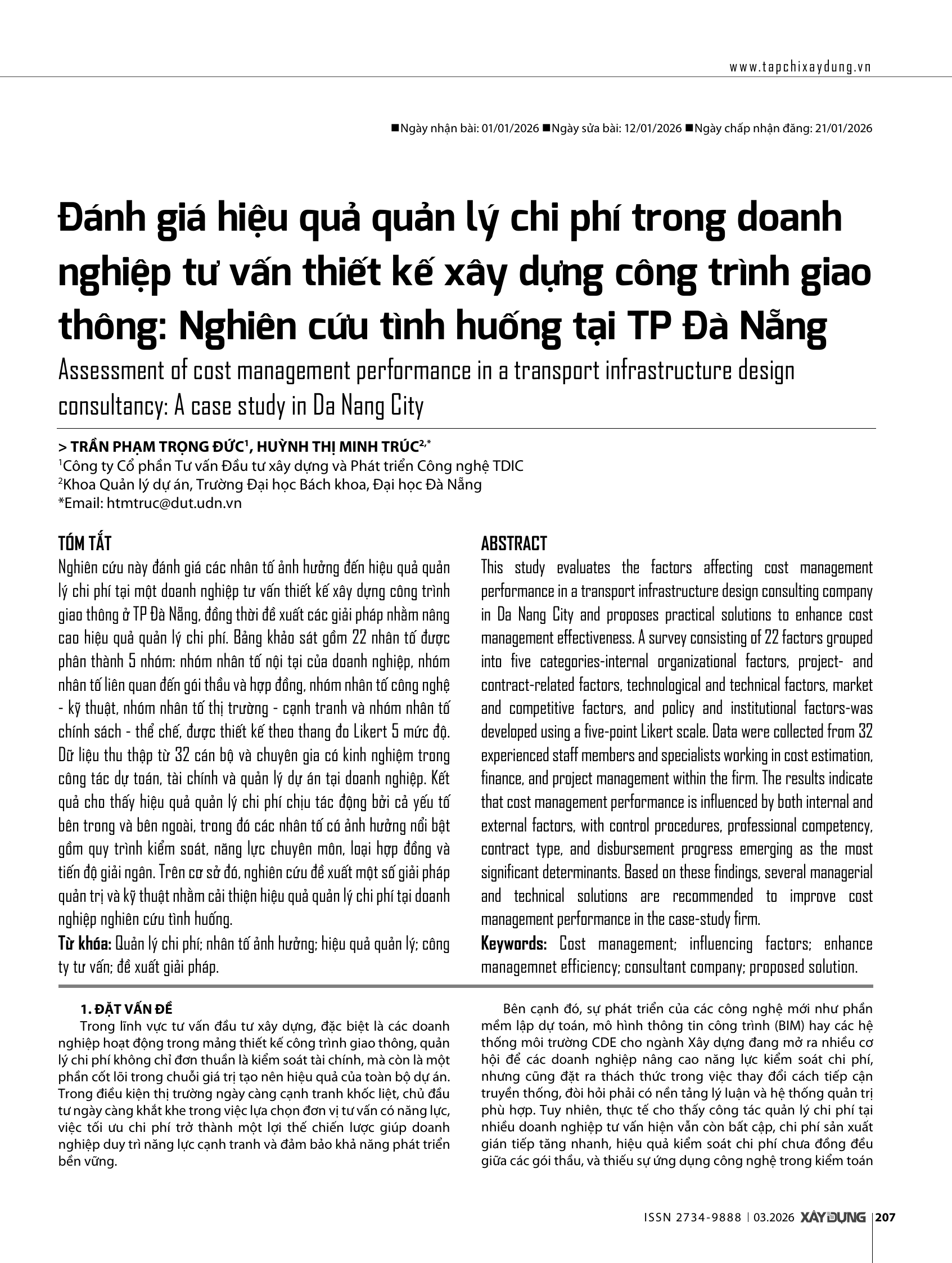 Đánh giá hiệu quả quản lý chi phí trong doanh nghiệp tư vấn thiết kế xây dựng công trình giao thông: Nghiên cứu tình huống tại TP Đà Nẵng