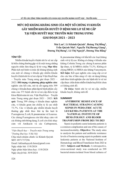 Mức độ kháng kháng sinh của một số chủng vi khuẩn gây nhiễm khuẩn huyết ở bệnh nhi lơ xê mi cấp tại Viện Huyết học - Truyền máu Trung ương giai đoạn 2021 – 2023