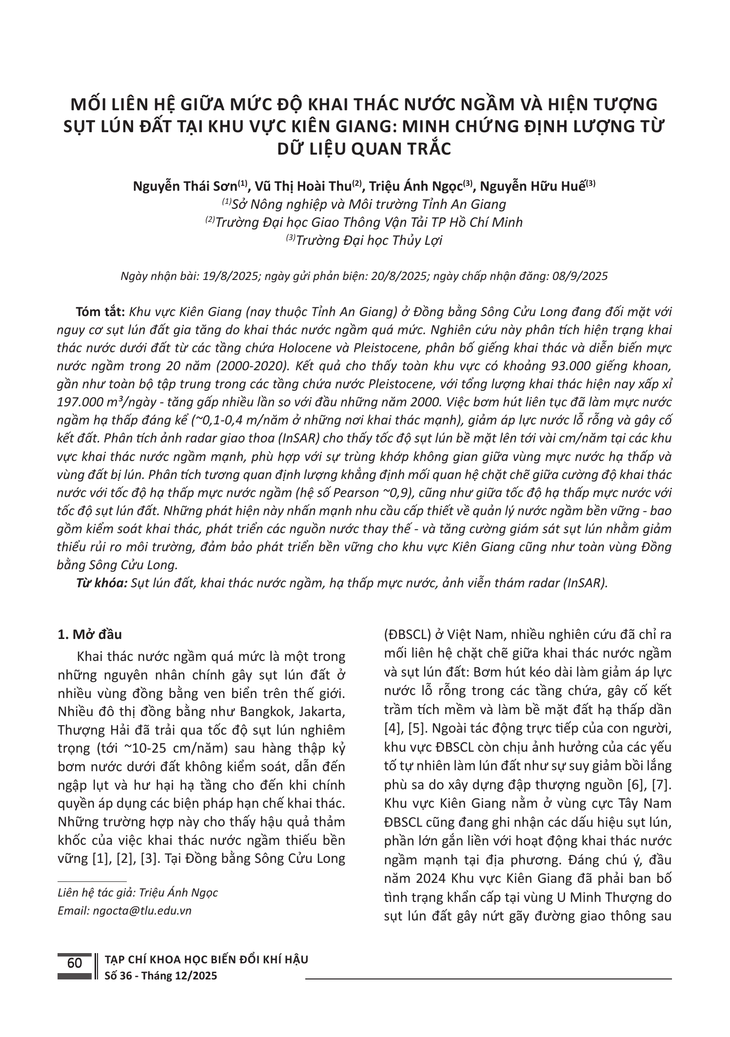 Mối liên hệ giữa mức độ khai thác nước ngầm và hiện tượng sụt lún đất tại khu vực Kiên Giang: Minh chứng định lượng từ dữ liệu quan trắc