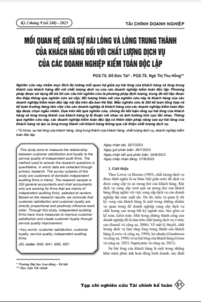 Mối quan hệ giữa sự hài lòng và lòng trung thành của khách hàng đối với chất lượng dịch vụ của các doanh nghiệp kiểm toán độc lập