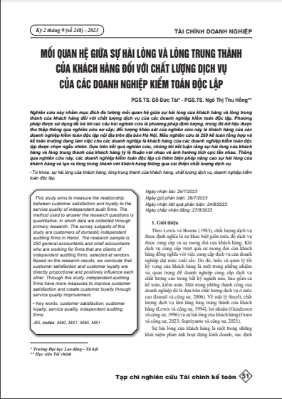 Mối quan hệ giữa sự hài lòng và lòng trung thành của khách hàng đối với chất lượng dịch vụ của các doanh nghiệp kiểm toán độc lập