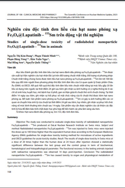 Nghiên cứu độc tính đơn liều của hạt nano phóng xạ Fe3O4@Lapatinib - 153Sm trên động vật thí nghiệm