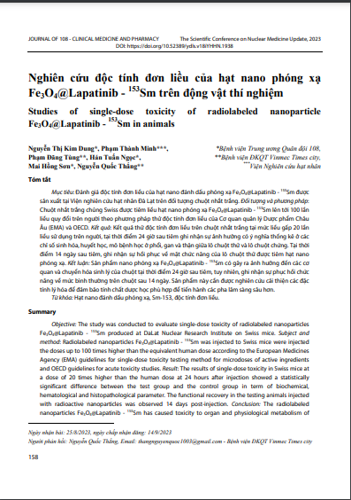 Nghiên cứu độc tính đơn liều của hạt nano phóng xạ Fe3O4@Lapatinib - 153Sm trên động vật thí nghiệm
