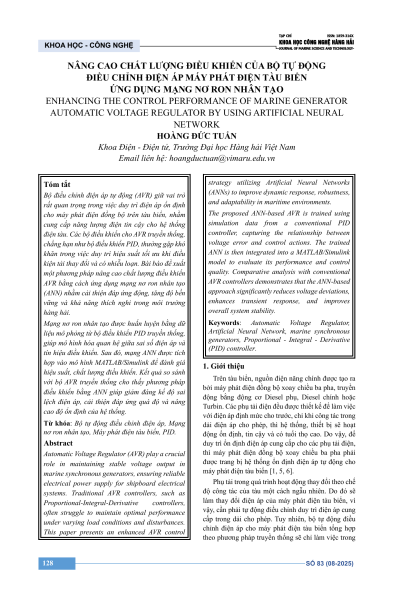 Nâng cao chất lượng điều khiển của bộ tự động điều chỉnh điện áp máy phát điện tàu biển ứng dụng mạng nơ-ron nhân tạo