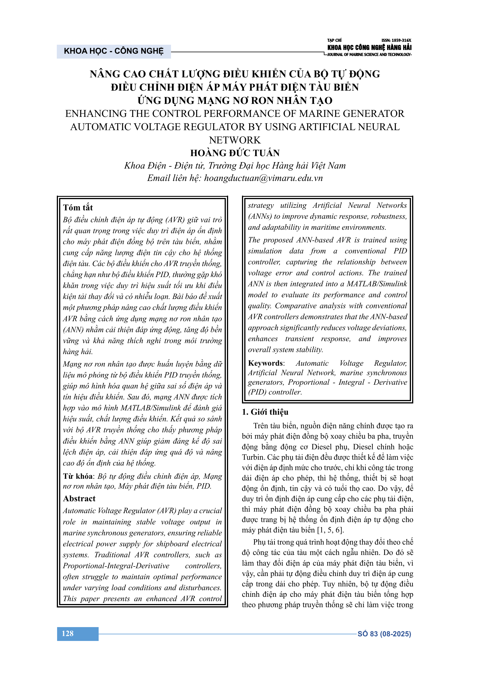 Nâng cao chất lượng điều khiển của bộ tự động điều chỉnh điện áp máy phát điện tàu biển ứng dụng mạng nơ-ron nhân tạo