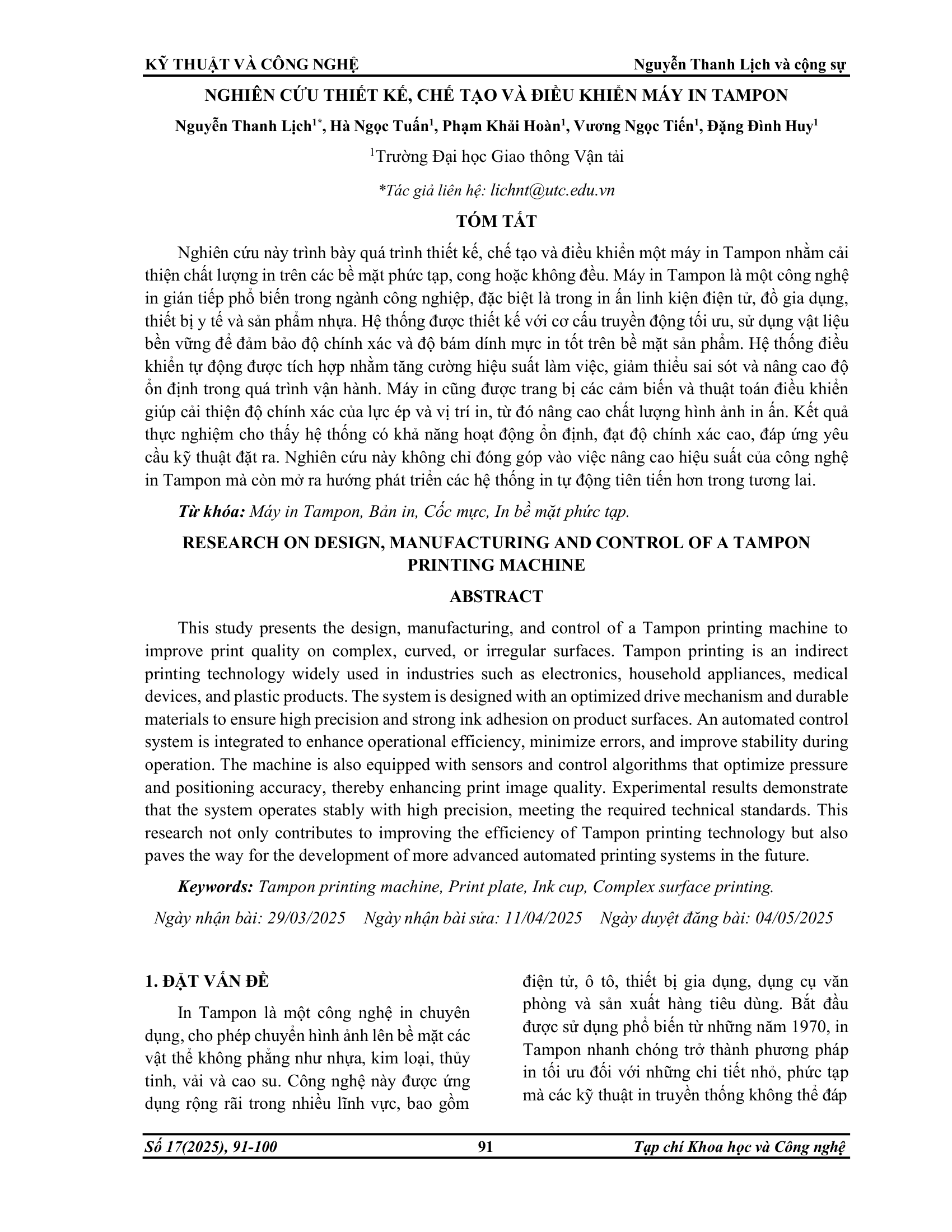 Nghiên cứu thiết kế, chế tạo và điều khiển máy in Tampon