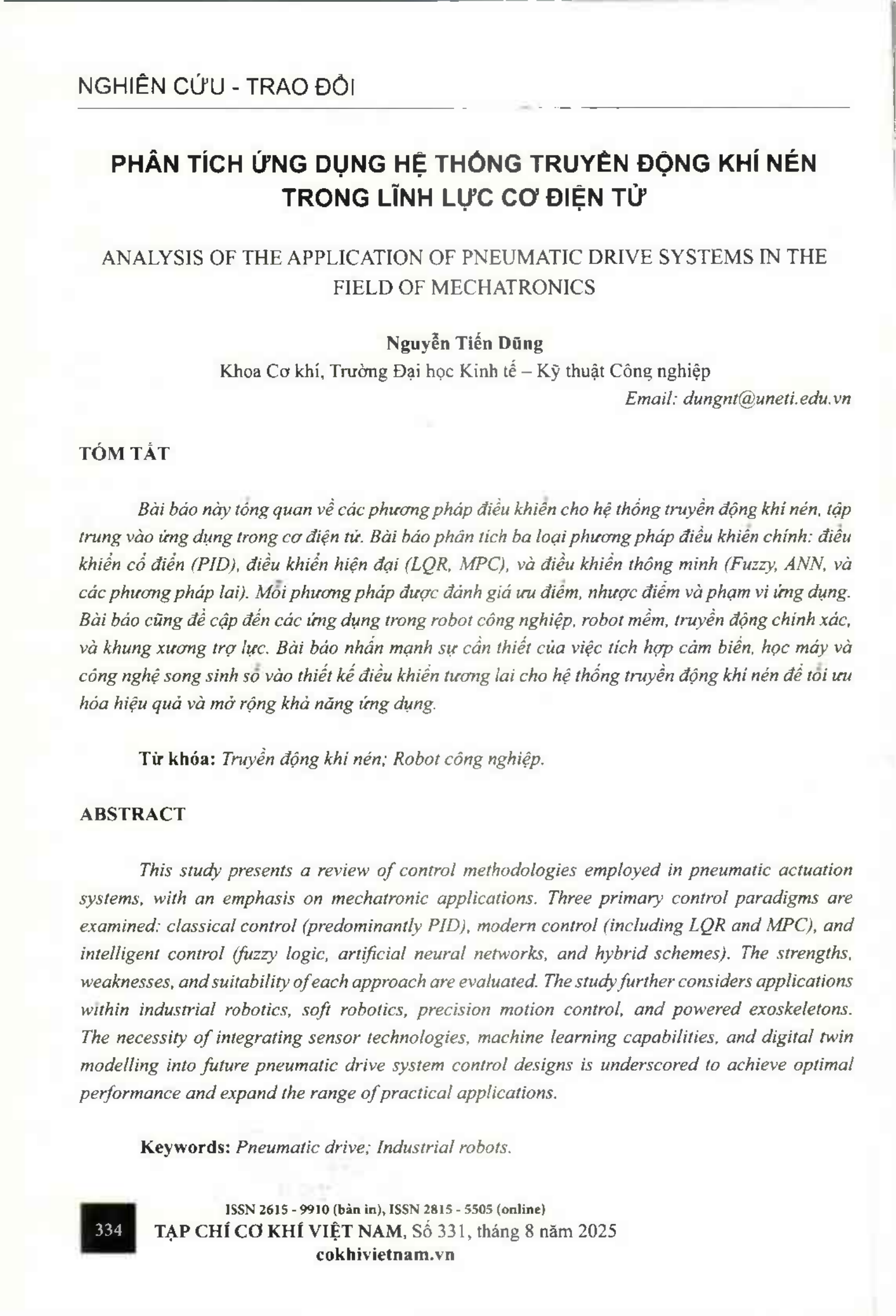 Phân tích ứng dụng hệ thống truyền động khí nén trong lĩnh vực cơ điện tử