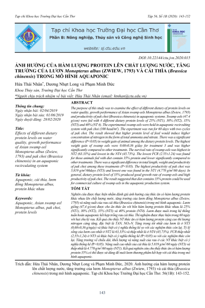Ảnh hưởng của hàm lượng protein lên chất lượng nước, tăng trưởng của lươn Monopterus albus (Zwiew, 1793) và cải thìa (Brassica chinensis) trong mô hình aquaponic